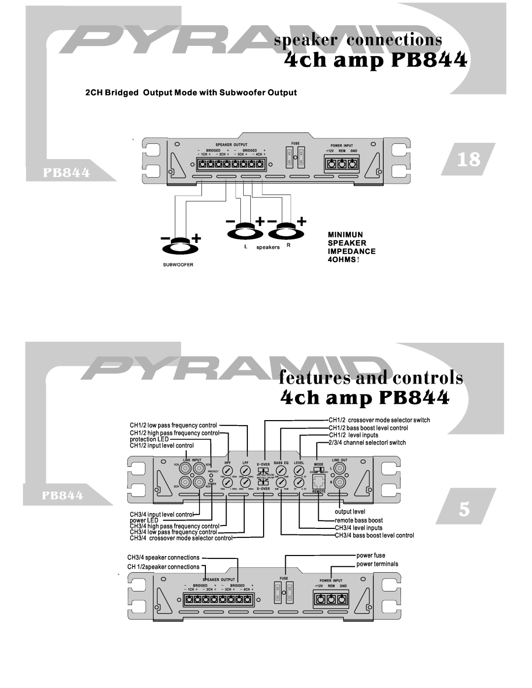 Pyramid Car Audio PB744, PB1644 4ch amp PB844, features and controls, speaker connections, MINIMUN SPEAKER IMPEDANCE 4OHMS 