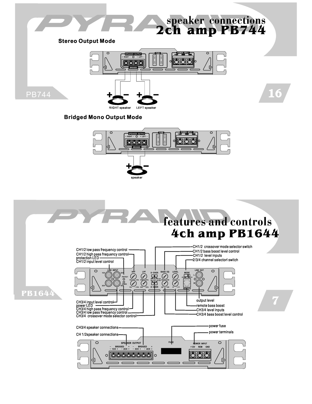 Pyramid Car Audio PB844 4ch amp PB1644, 2ch amp PB744, features and controls, speaker connections, Stereo Output Mode 