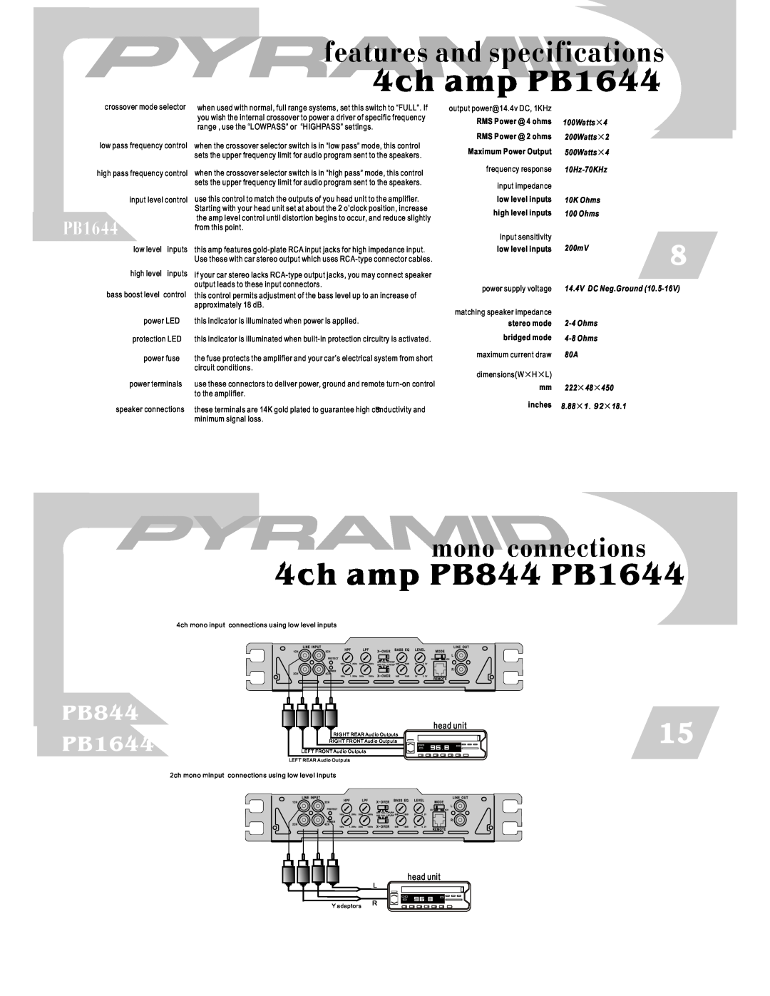 Pyramid Car Audio PB744 4ch amp PB844 PB1644, mono connections, features and specifications 4ch amp PB1644, head unit 