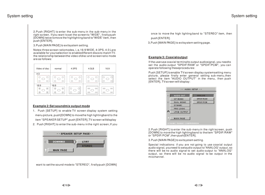 Pyramid Car Audio PDVD44 operating instructions Example 2Set soundmix output mode, Example 3 Coaxialoutput 