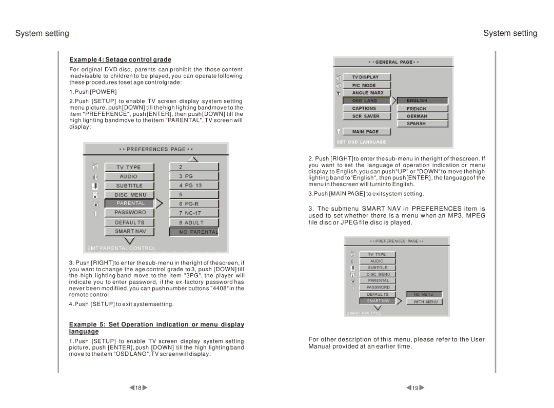 Pyramid Car Audio PDVD44 Example 4 Setage control grade, Example 5 Set Operation indication or menu display language 