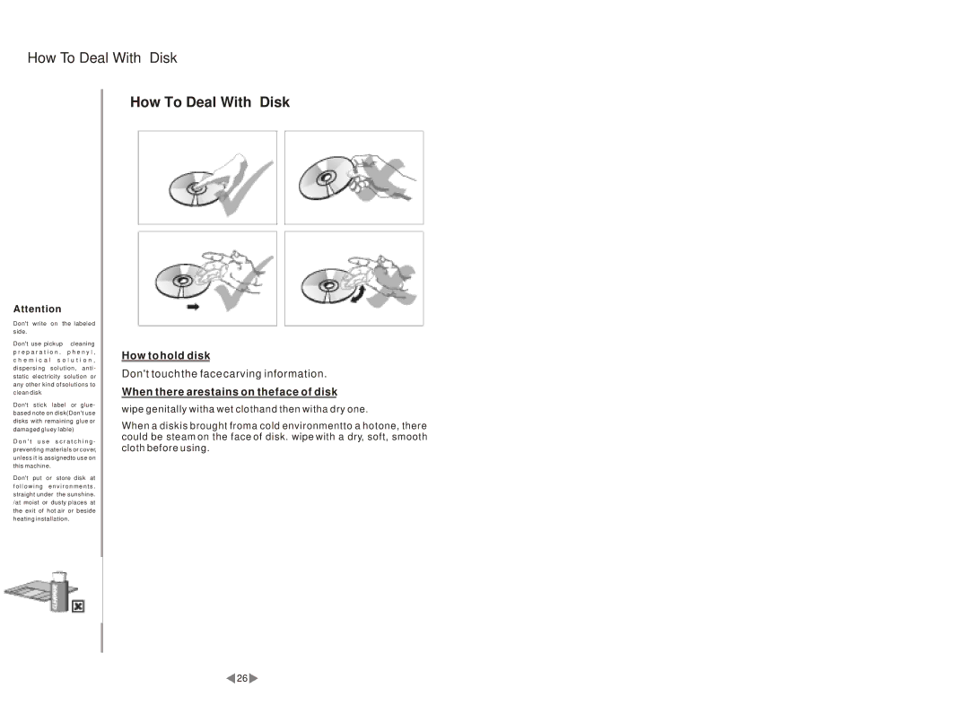 Pyramid Car Audio PDVD44 How To Deal With Disk, How to hold disk, When there arestains on theface of disk 