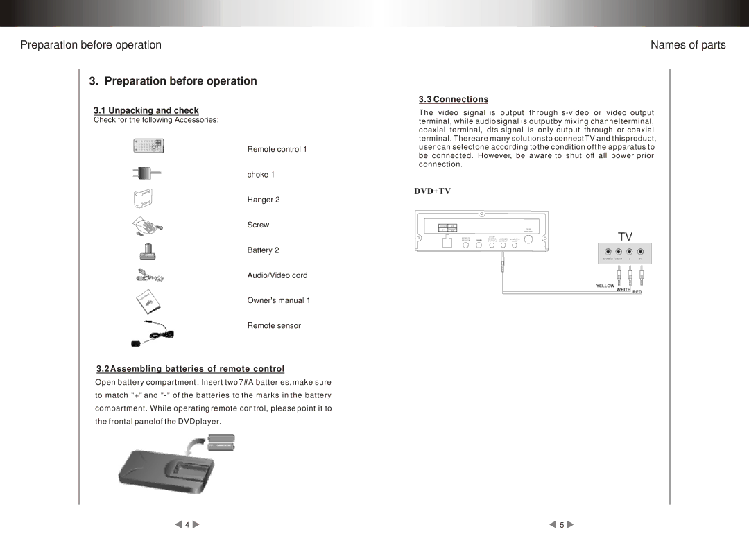 Pyramid Car Audio PDVD44 Preparation before operation, Assembling batteries of remote control, Connections 