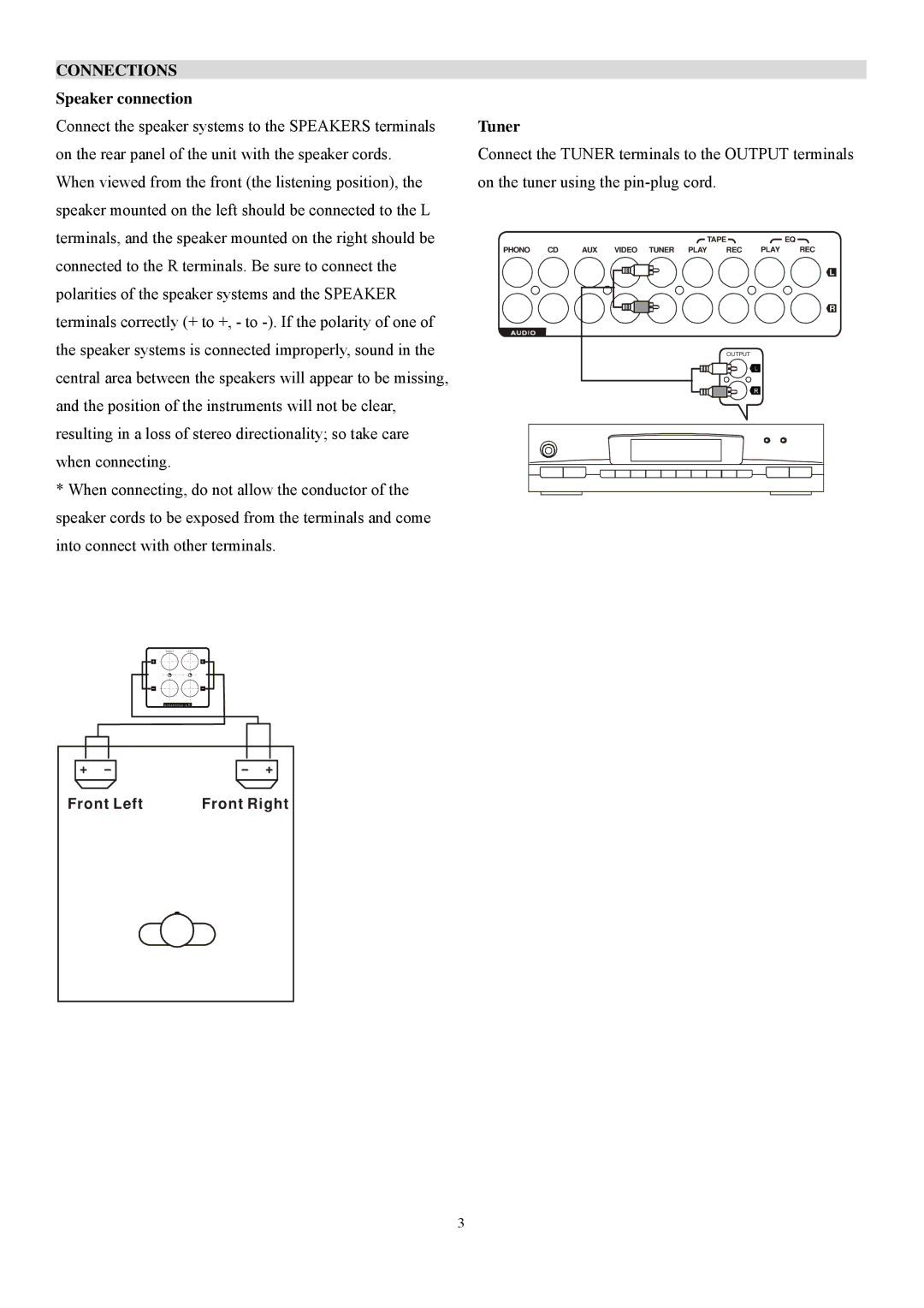 Pyramid Car Audio PR530A manual Speaker connection, Tuner 