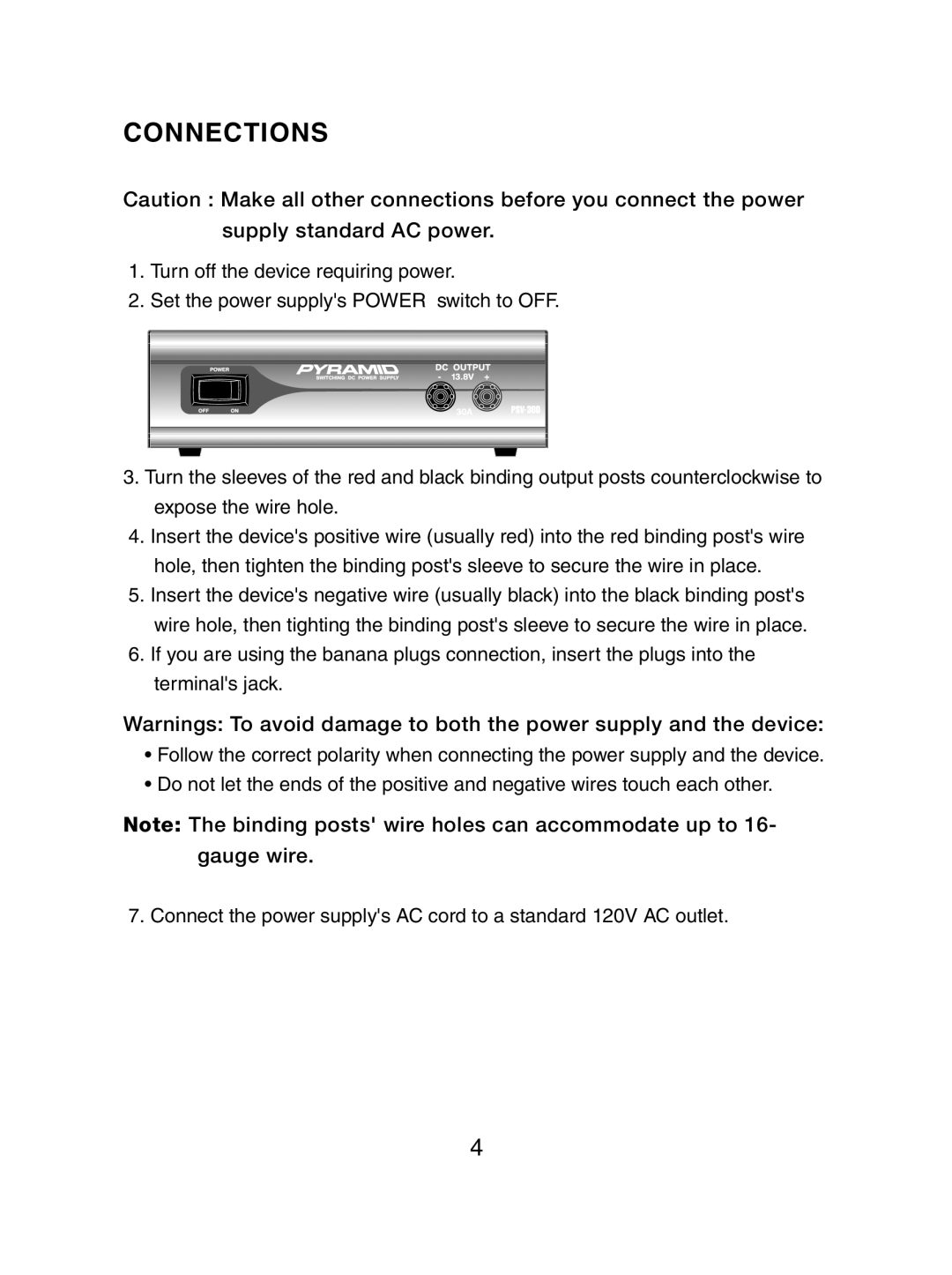 Pyramid Car Audio PSV-300 owner manual Connections, Supply standard AC power, Gauge wire 