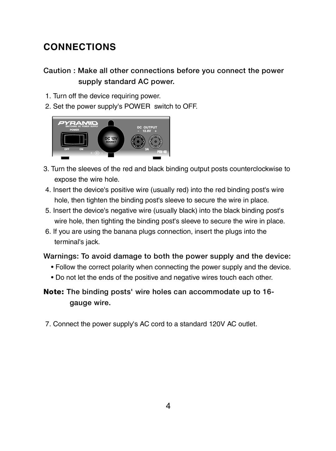 Pyramid Car Audio PSV-40 owner manual Connections, Supply standard AC power, Gauge wire 