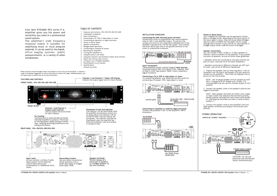 Pyramid Car Audio XPA-100, XPA-200 manual Table of Contents 