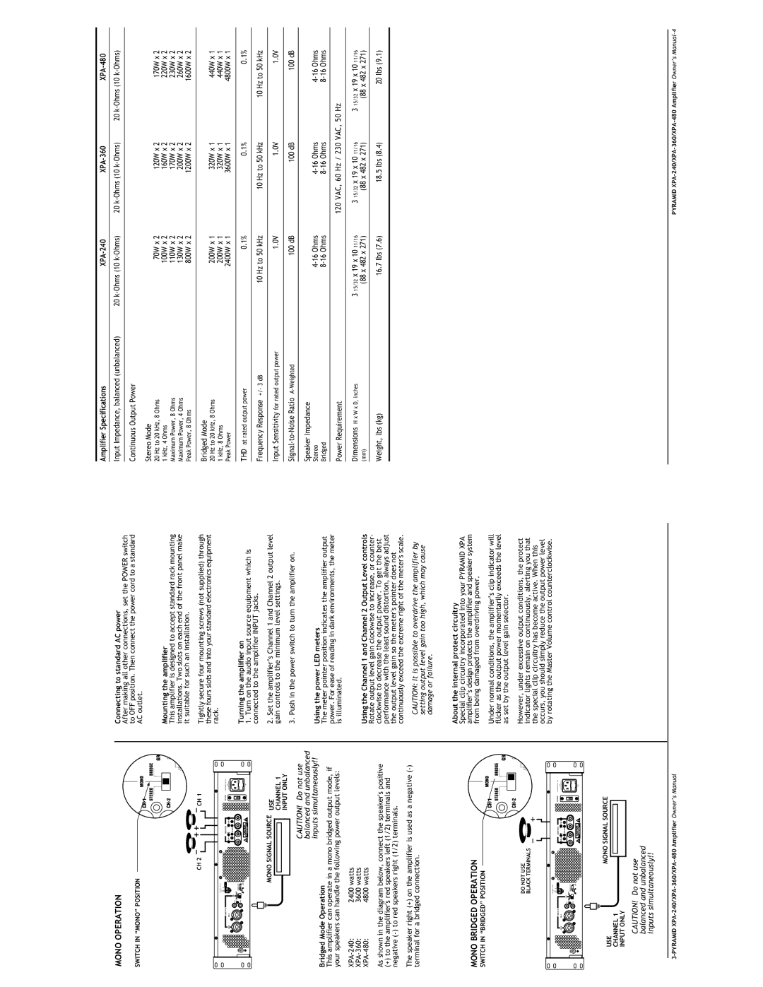 Pyramid Car Audio XPA-480, XPA-360, XPA-240 manual Mono Operation, Mono Bridged Operation 