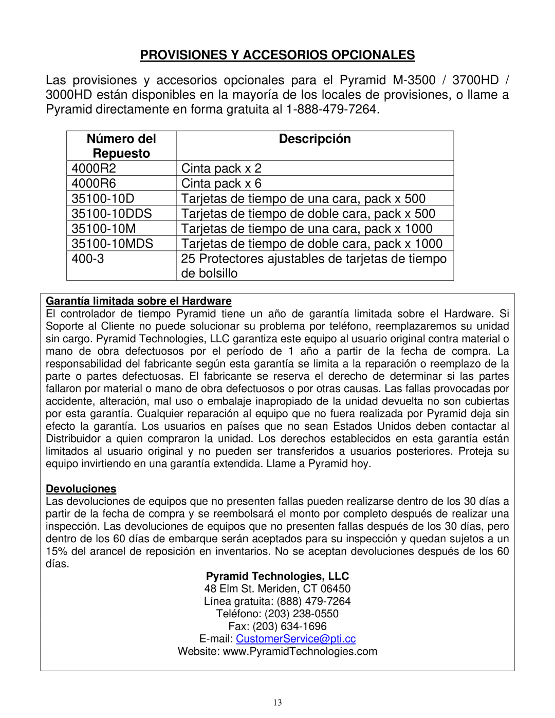 Pyramid Technologies 3000HD, 3700HD, 3500 manual Provisiones Y Accesorios Opcionales, Número del Descripción Repuesto 