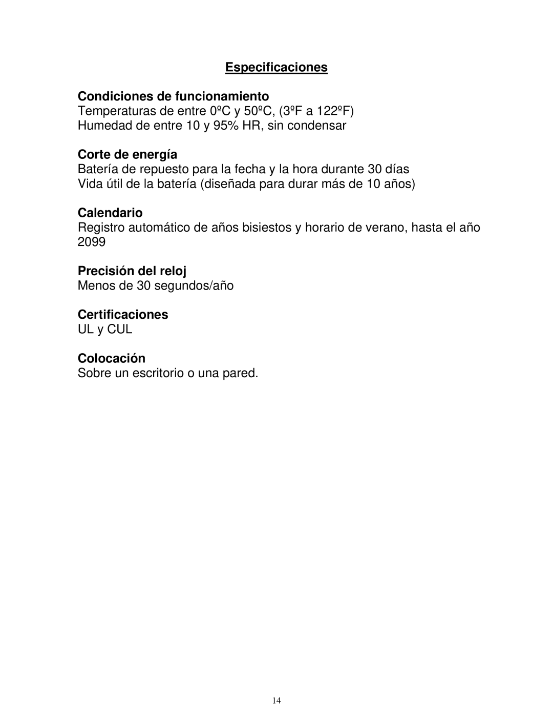 Pyramid Technologies 3500 Especificaciones Condiciones de funcionamiento, Corte de energía, Calendario, Certificaciones 