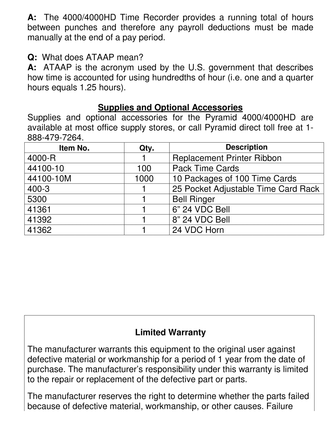 Pyramid Technologies 4000HD manual Supplies and Optional Accessories, Limited Warranty 