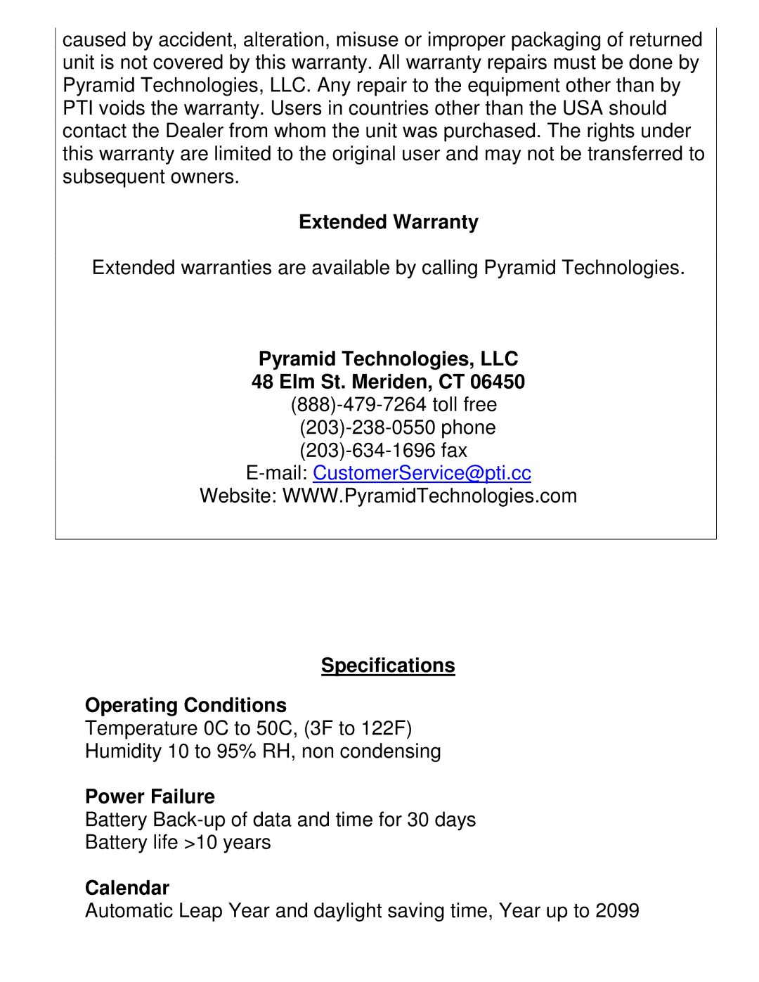 Pyramid Technologies 4000 manual Extended Warranty, Pyramid Technologies, LLC Elm St. Meriden, CT, Power Failure, Calendar 