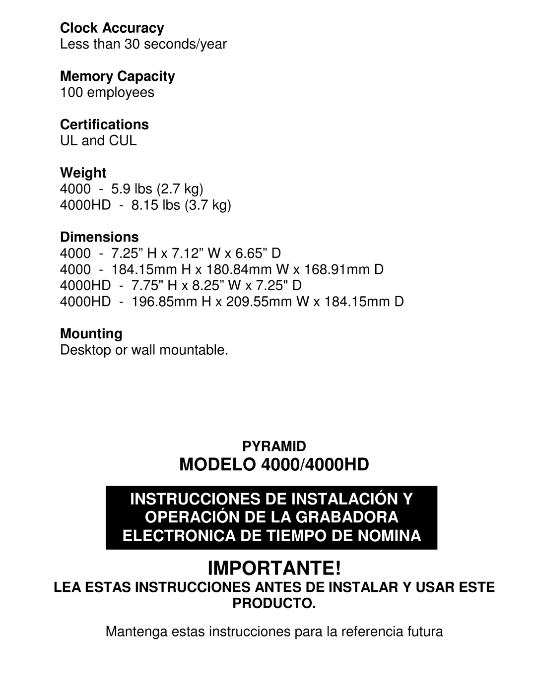 Pyramid Technologies 4000HD manual Pyramid 