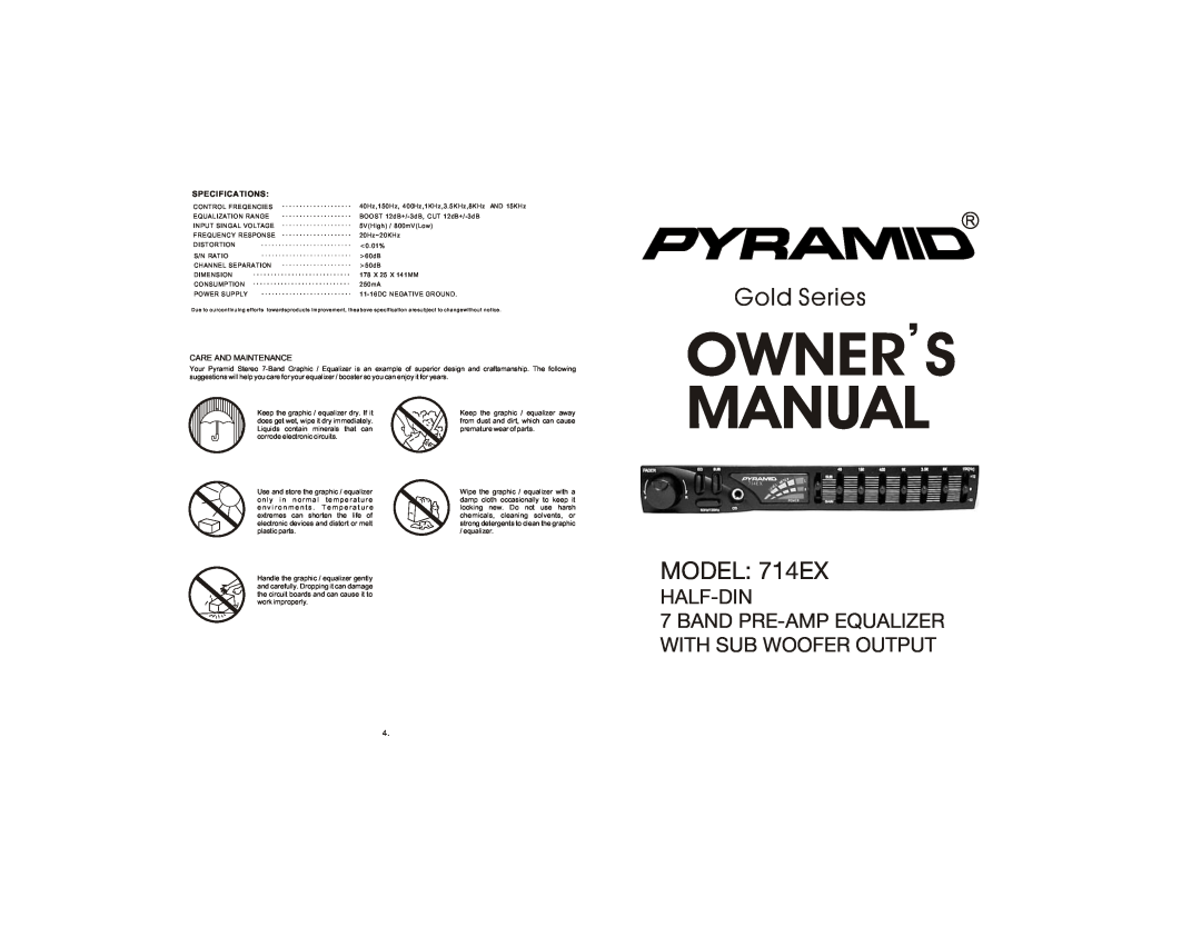 Pyramid Technologies owner manual Owner S Manual, Gold Series, MODEL 714EX, Half-Din, Specifications 