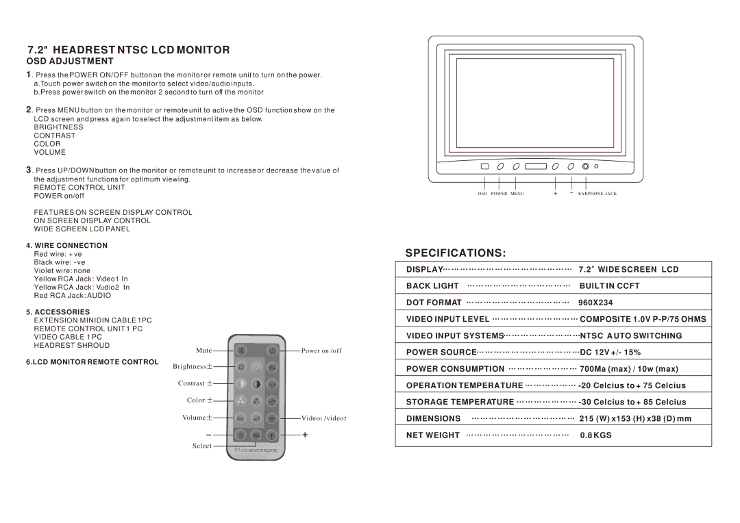 Pyramid Technologies MV7MN owner manual Headrest Ntsc LCD Monitor, Specifications, OSD Adjustment, Accessories 