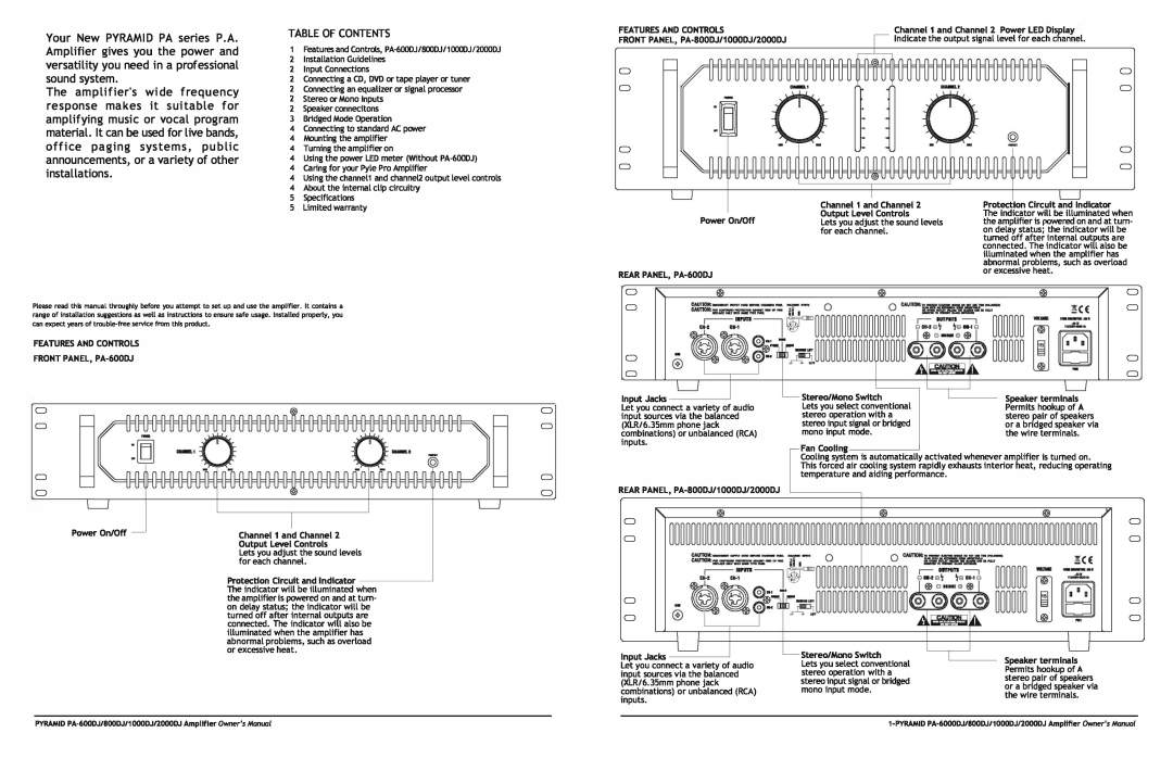 Pyramid Technologies PA-1000DJ, PA-2000DJ, PA-600DJ, PA-800DJ manual Table of Contents 