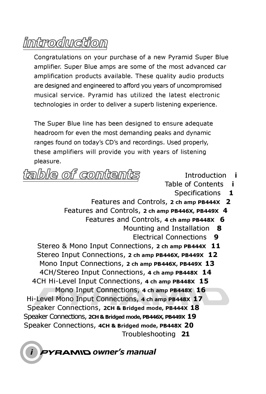 Pyramid Technologies PB448X, PB446X, PB449X, PB444X owner manual Introduction, Table of contents 