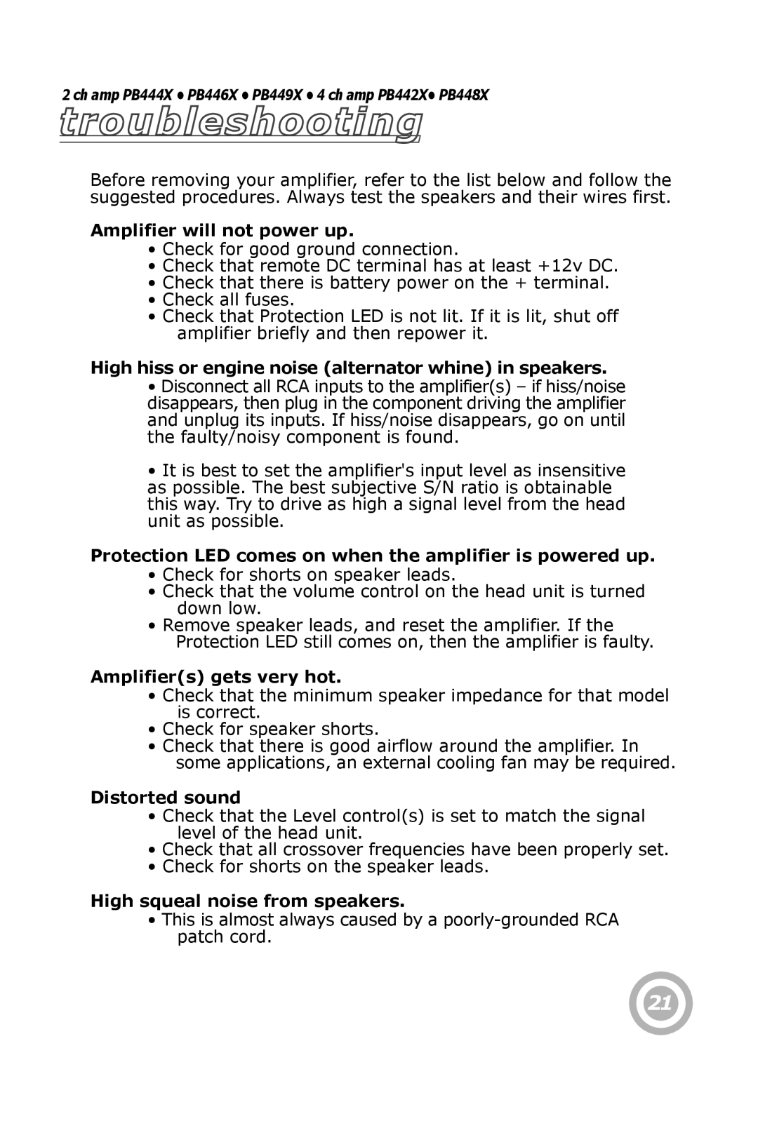 Pyramid Technologies PB444X, PB446X, PB449X, PB448X owner manual Troubleshooting, Amplifier will not power up 