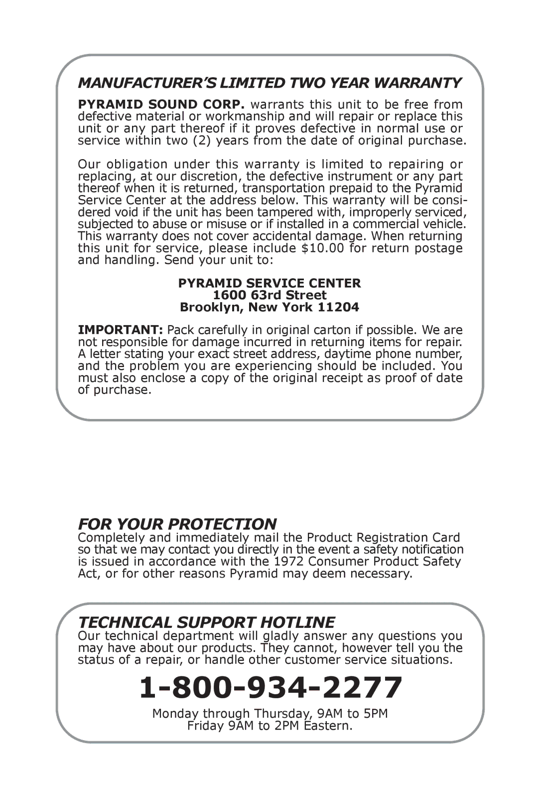 Pyramid Technologies PB446X, PB449X, PB448X, PB444X owner manual For Your Protection 