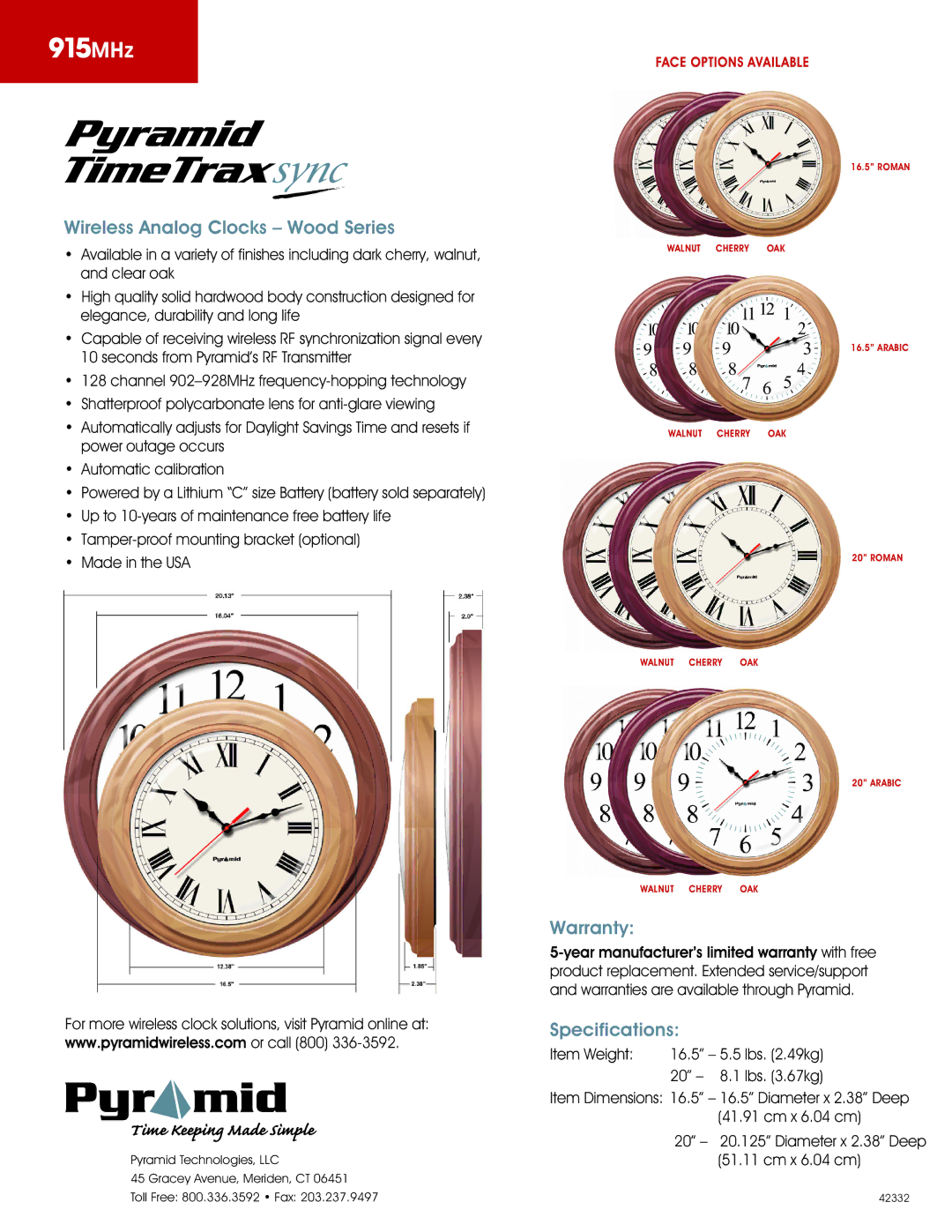 Pyramid Technologies manual Wireless Analog Clocks Wood Series, Warranty, Specifications 