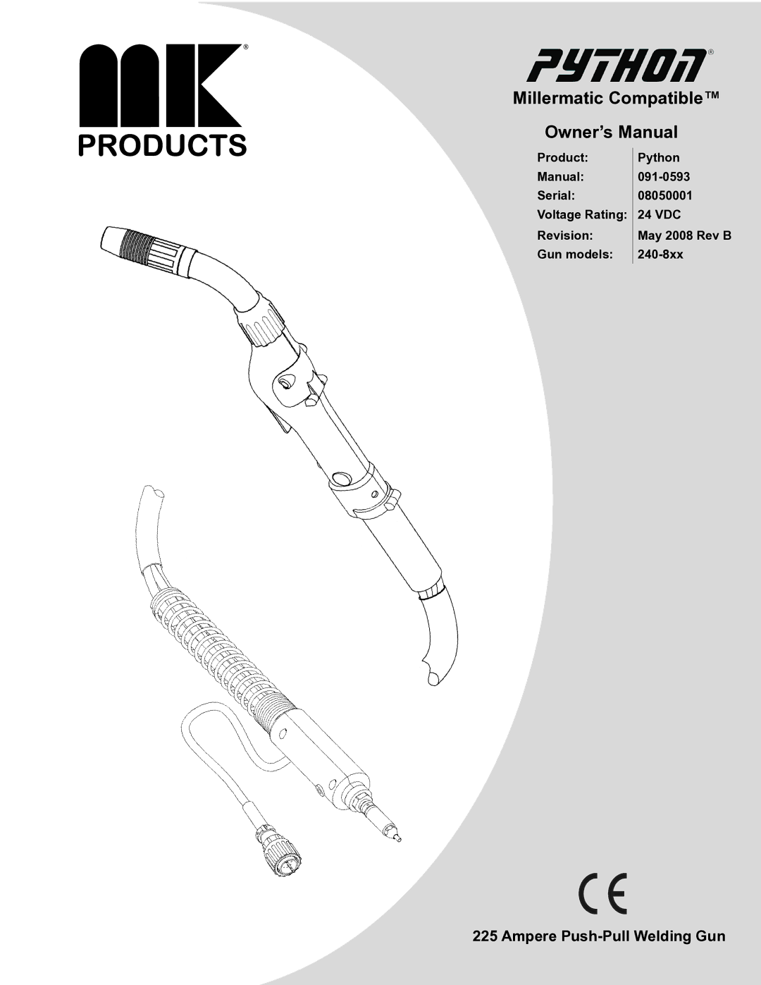 Python 091-0593 owner manual Millermatic Compatible, Ampere Push-Pull Welding Gun 