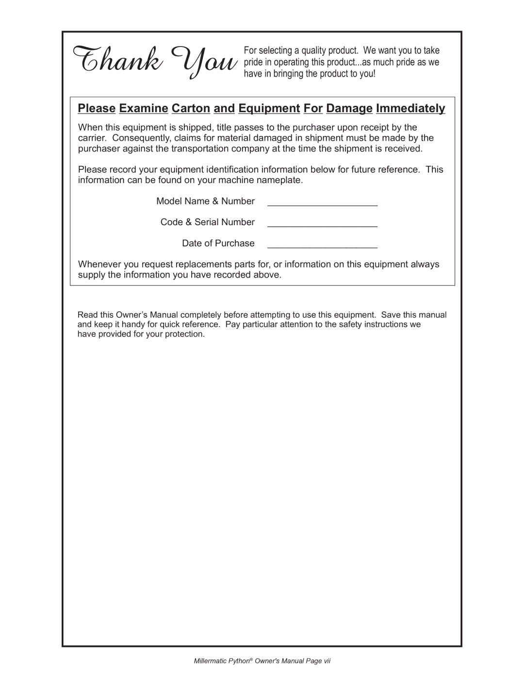 Python 091-0593 owner manual Please Examine Carton and Equipment For Damage Immediately 