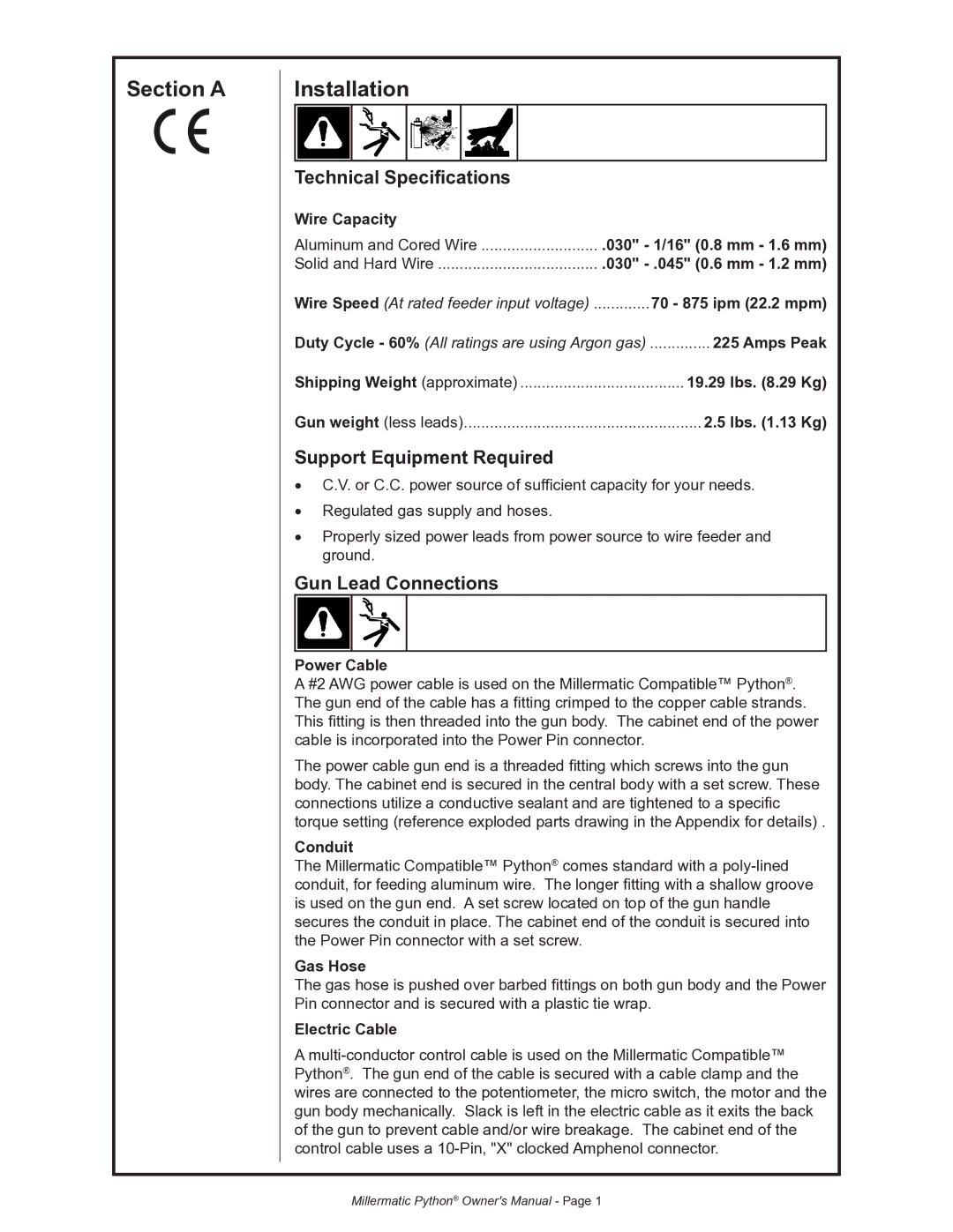 Python 091-0593 Section a Installation, Technical Specifications, Support Equipment Required, Gun Lead Connections 