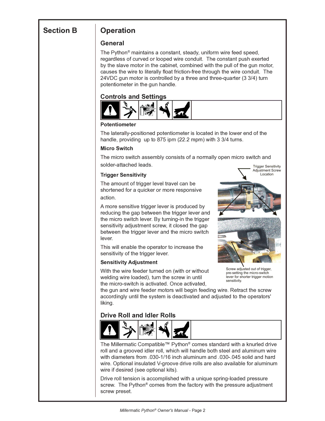 Python 091-0593 owner manual Section B Operation, General, Controls and Settings, Drive Roll and Idler Rolls 