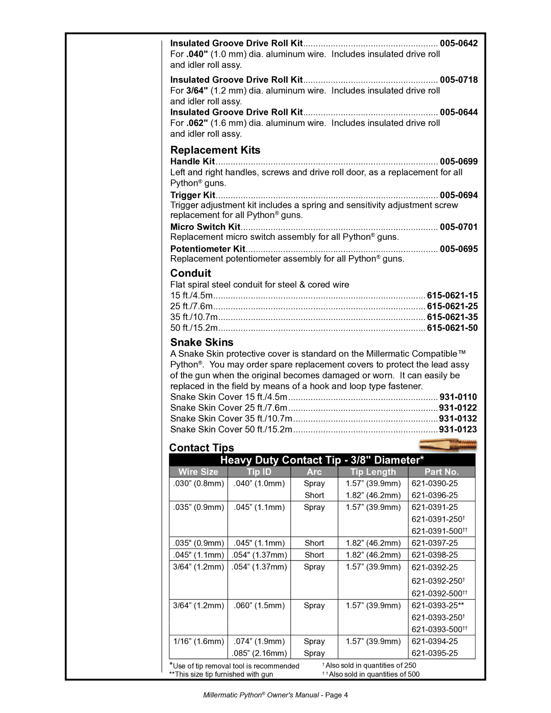 Python 091-0593 owner manual Replacement Kits, Conduit, Snake Skins, Contact Tips, Heavy Duty Contact Tip 3/8 Diameter 