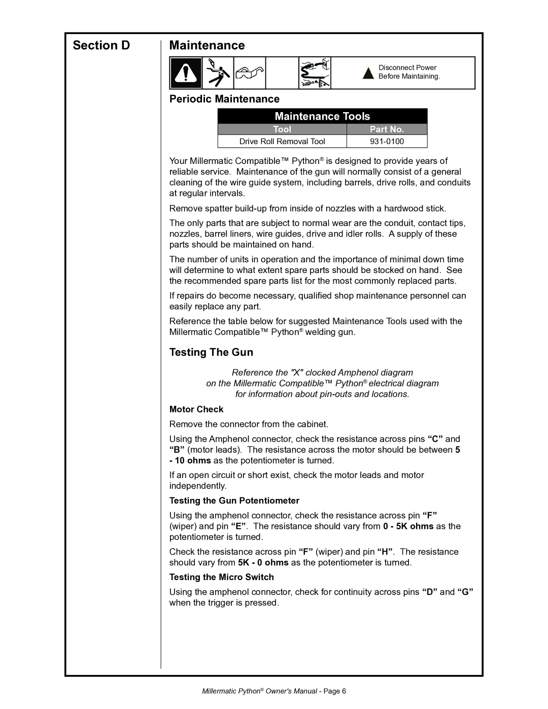 Python 091-0593 owner manual Section D Maintenance, Periodic Maintenance, Maintenance Tools, Testing The Gun 