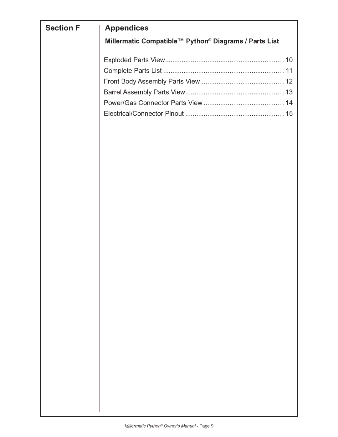 Python 091-0593 owner manual Section F Appendices, Millermatic Compatible Python Diagrams / Parts List 