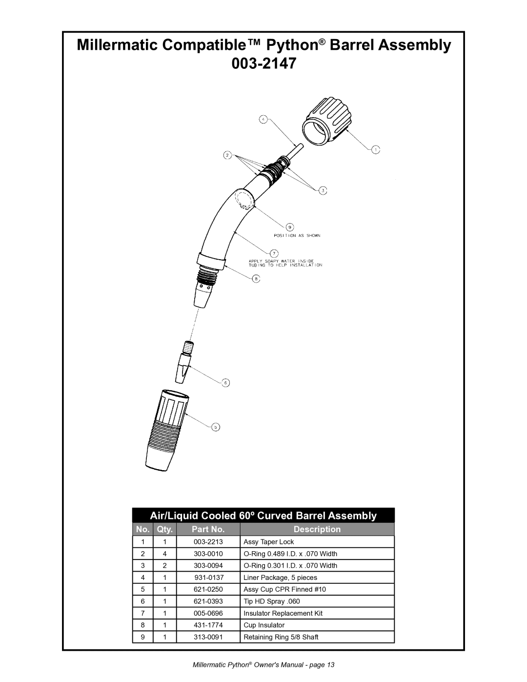 Python 091-0593 Millermatic Compatible Python Barrel Assembly 003-2147, Air/Liquid Cooled 60º Curved Barrel Assembly 