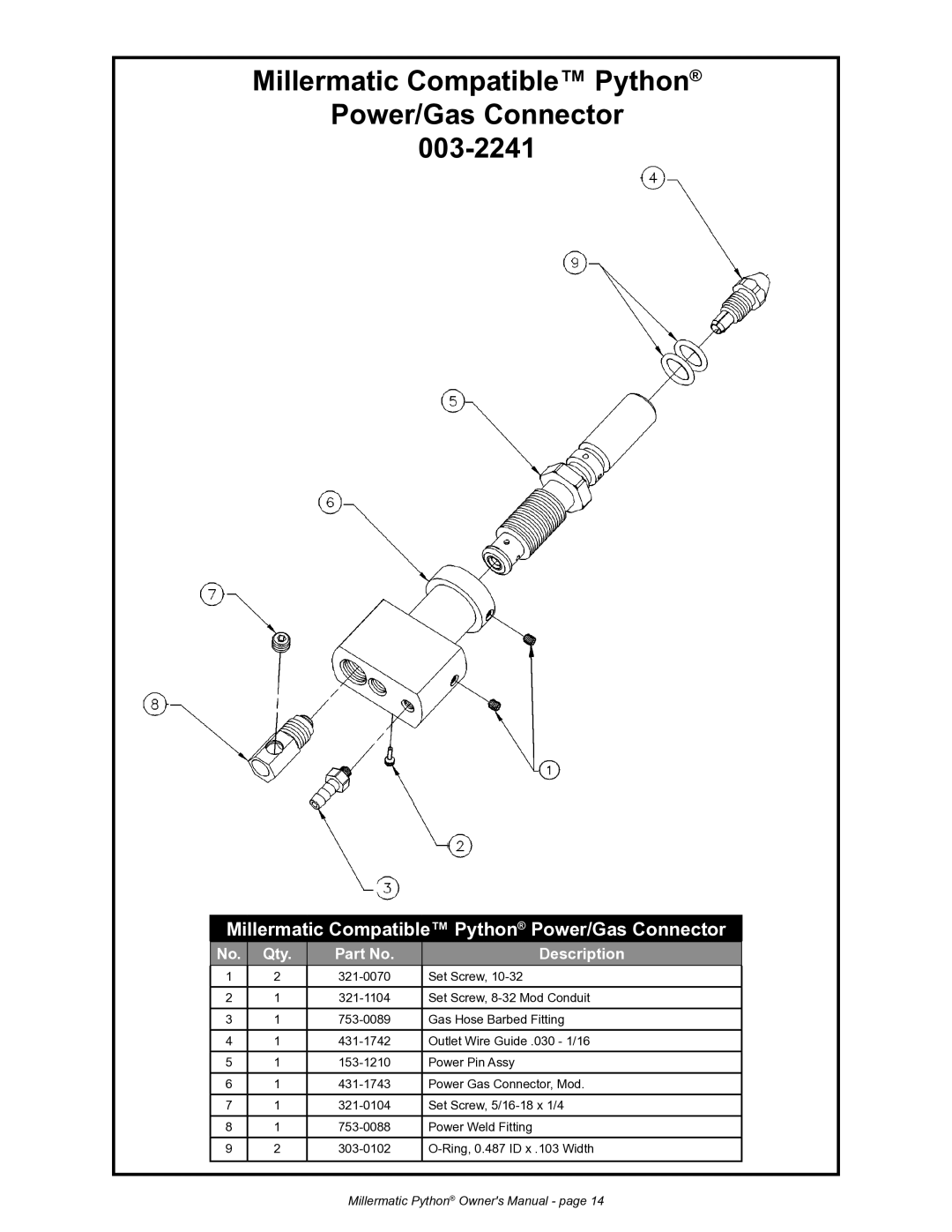 Python 091-0593 owner manual Millermatic Compatible Python Power/Gas Connector 003-2241 