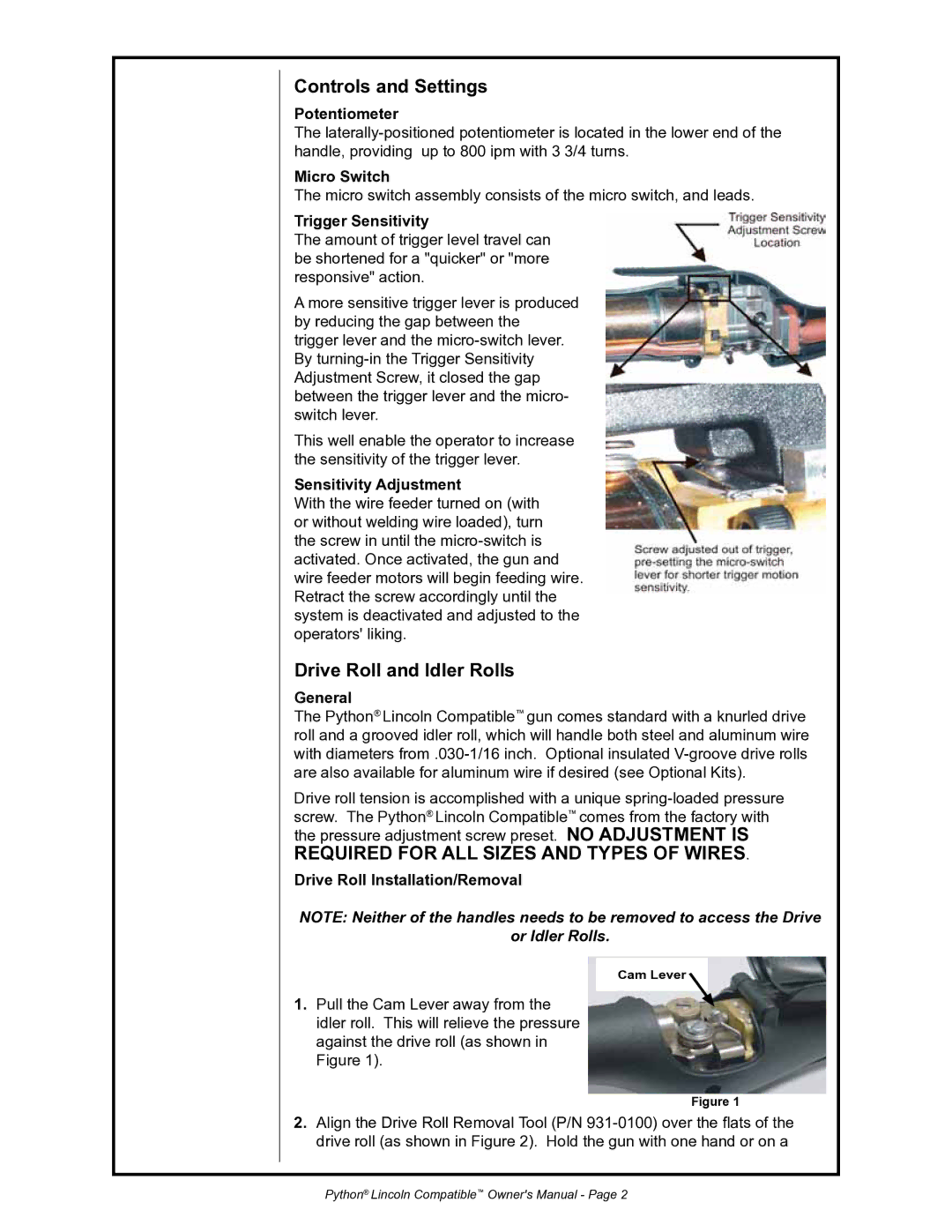 Python 232-835 owner manual Controls and Settings, Drive Roll and Idler Rolls 