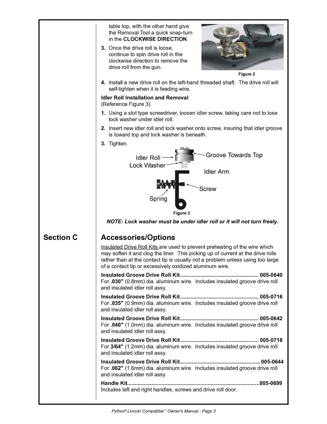 Python 232-835 owner manual Section C, Accessories/Options 