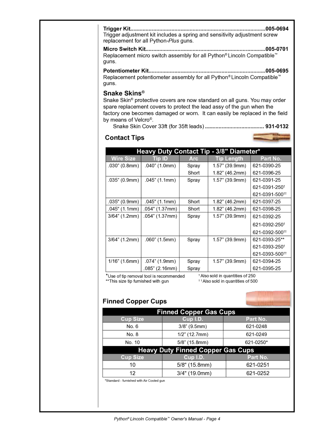 Python 232-835 owner manual Heavy Duty Contact Tip 3/8 Diameter, Finned Copper Gas Cups 