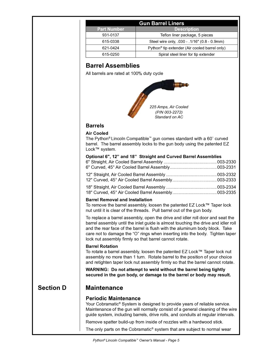 Python 232-835 owner manual Section D, Barrel Assemblies, Maintenance, Gun Barrel Liners 