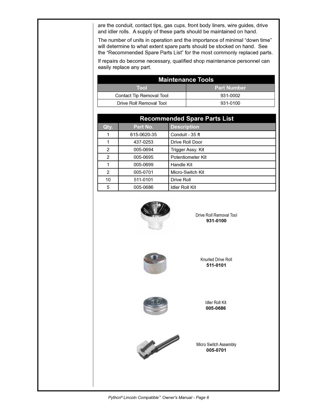 Python 232-835 owner manual Maintenance Tools, Recommended Spare Parts List, Tool Part Number, Qty Description 