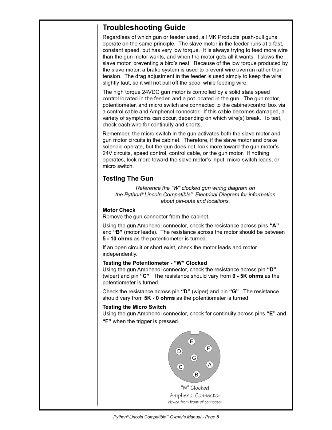 Python 232-835 owner manual Troubleshooting Guide, Testing The Gun, Motor Check, Testing the Potentiometer W Clocked 