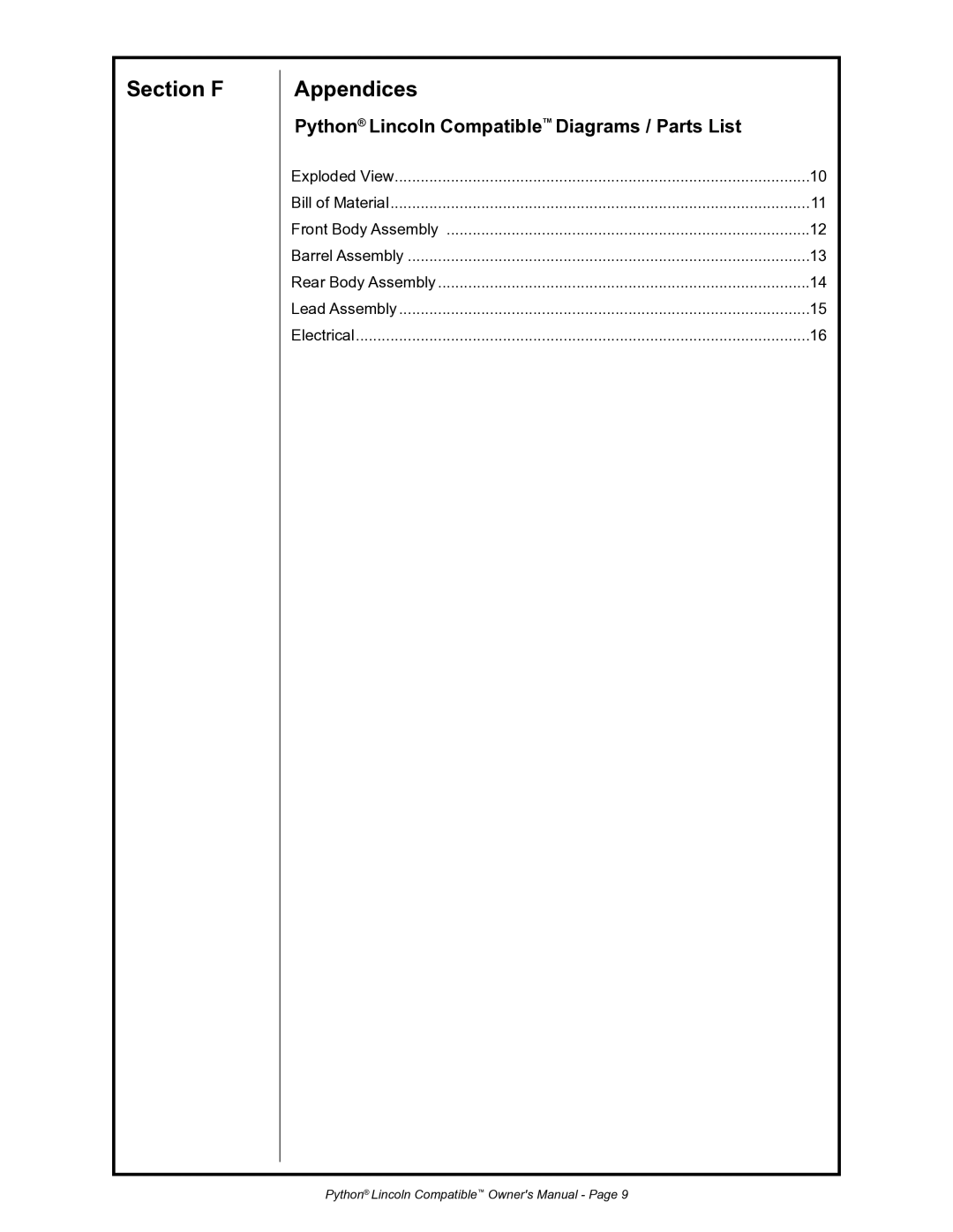 Python 232-835 owner manual Section F Appendices, Python Lincoln Compatible Diagrams / Parts List 