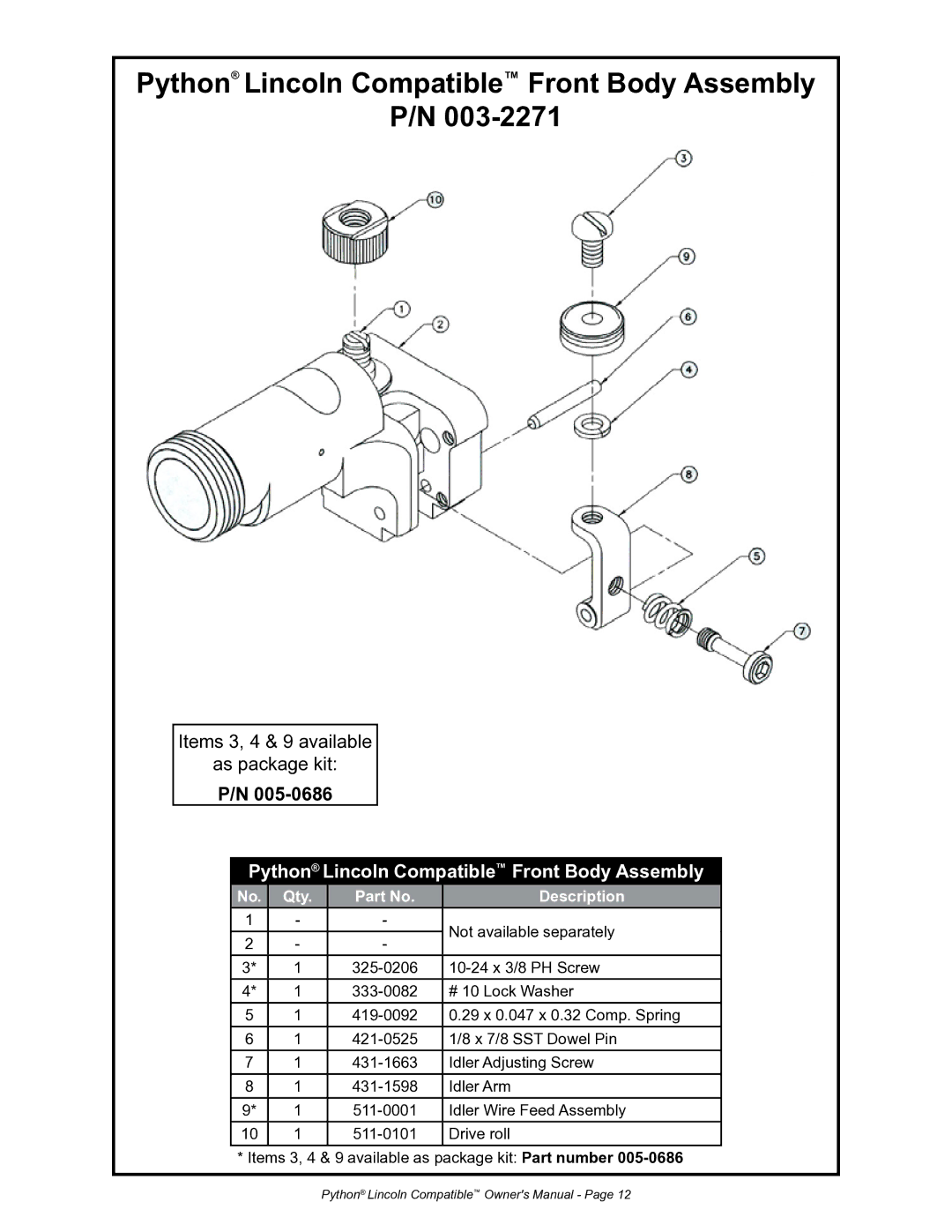 Python 232-835 owner manual Python Lincoln Compatible Front Body Assembly 