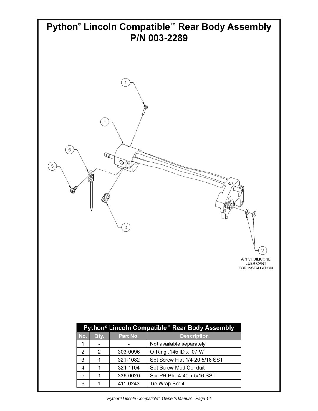 Python 232-835 owner manual Python Lincoln Compatible Rear Body Assembly 