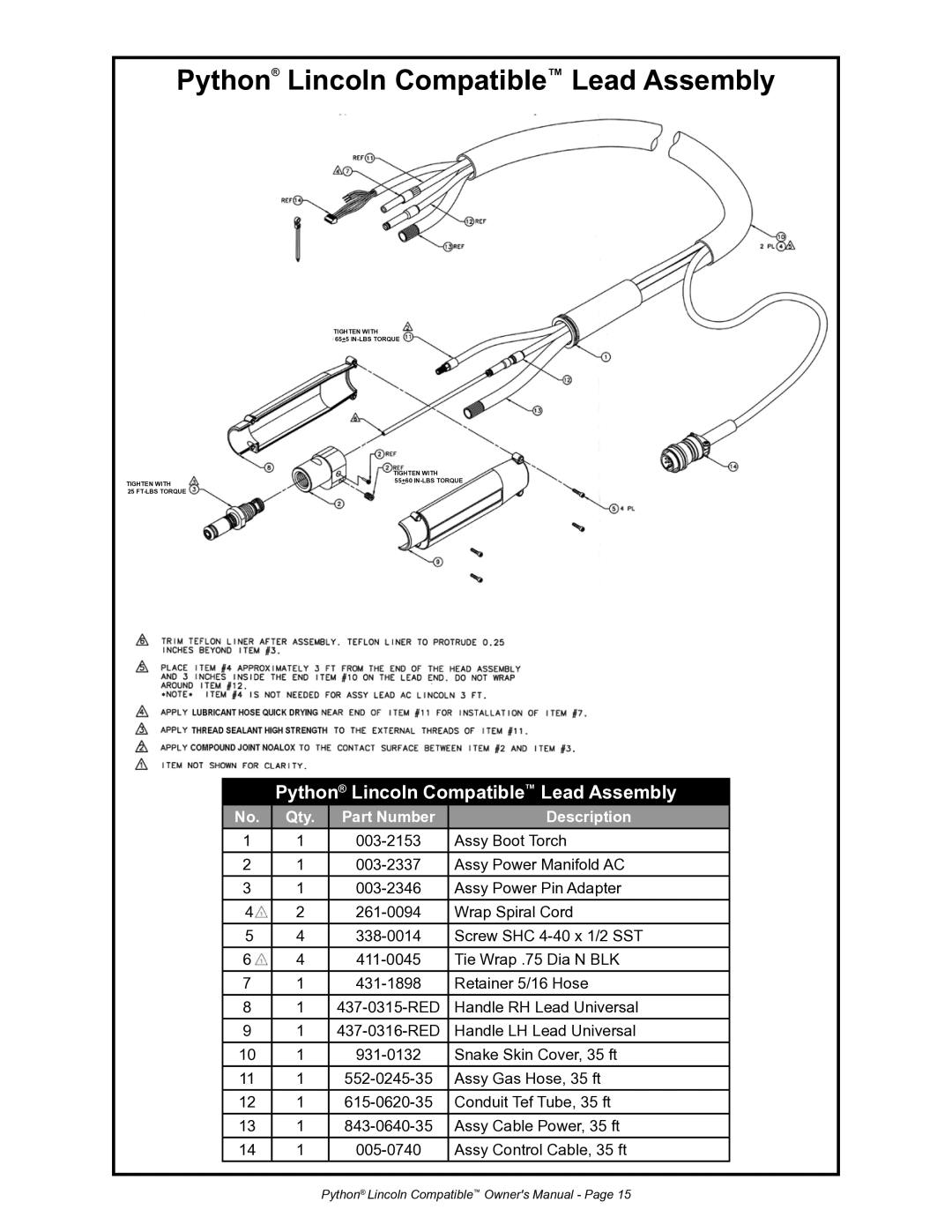 Python 232-835 owner manual Python Lincoln Compatible Lead Assembly 