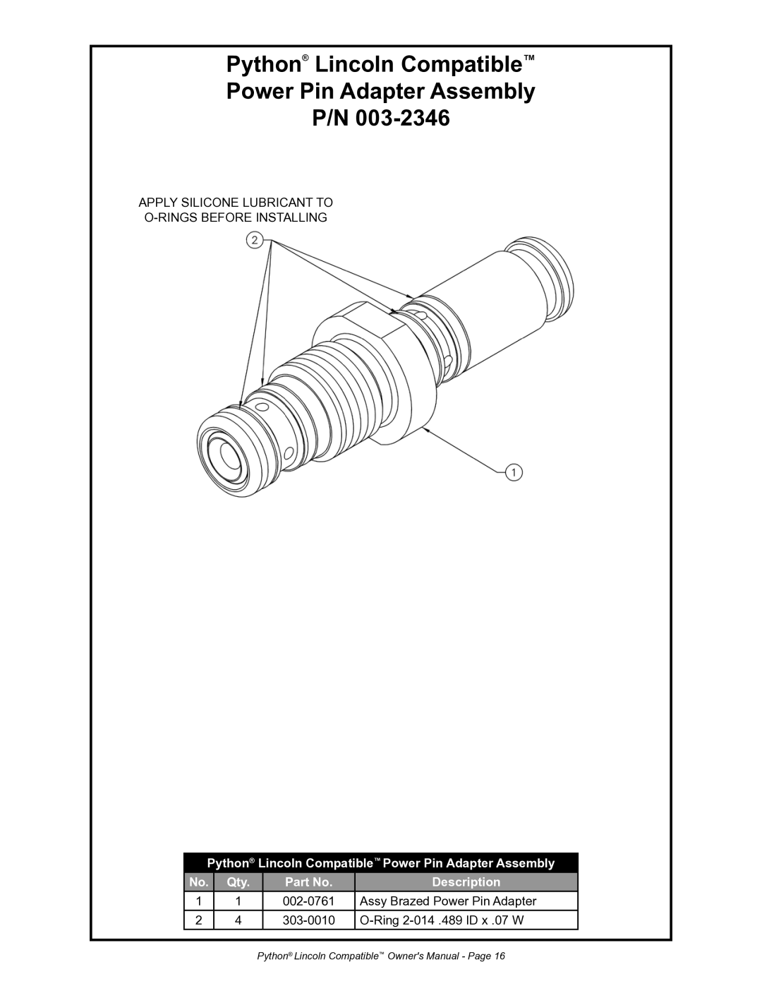 Python 232-835 owner manual Python Lincoln Compatible Power Pin Adapter Assembly 