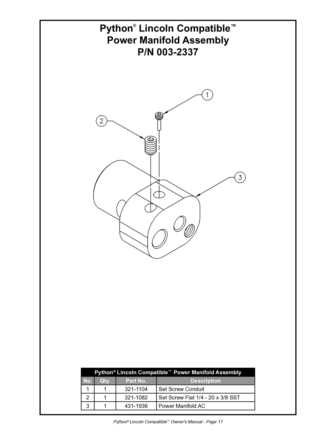 Python 232-835 owner manual Python Lincoln Compatible Power Manifold Assembly 