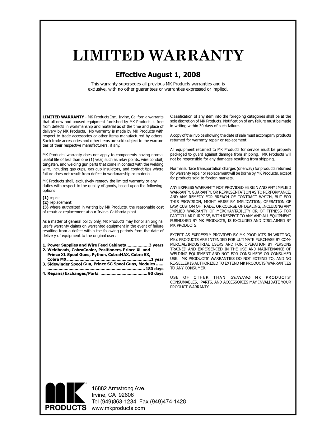 Python 232-835 owner manual Limited Warranty 