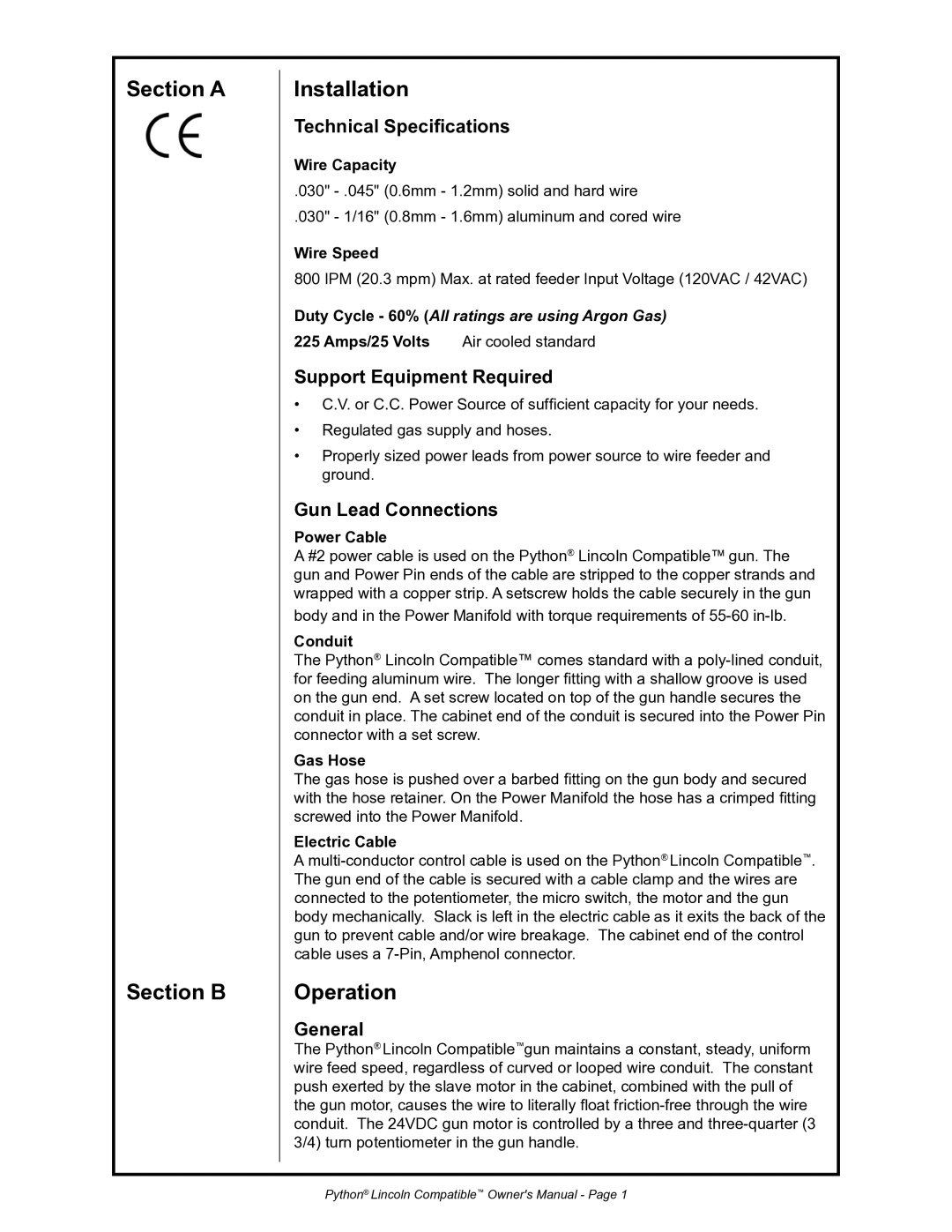 Python 232-835 owner manual Section a Section B Installation, Operation 