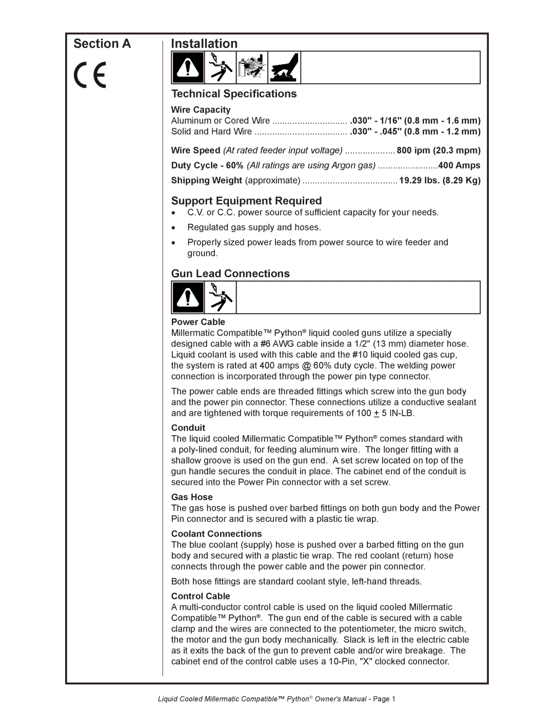 Python 248-8XX Section a Installation, Technical Specifications, Support Equipment Required, Gun Lead Connections 