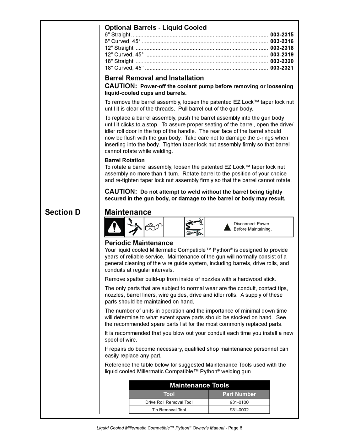 Python 248-8XX owner manual Section D, Maintenance Tools 