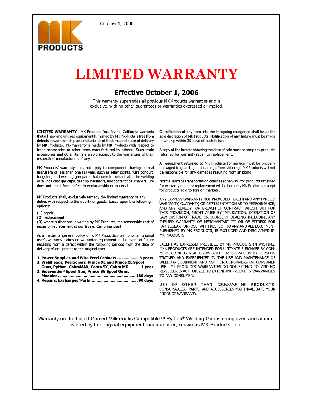 Python 248-8XX owner manual Limited Warranty 